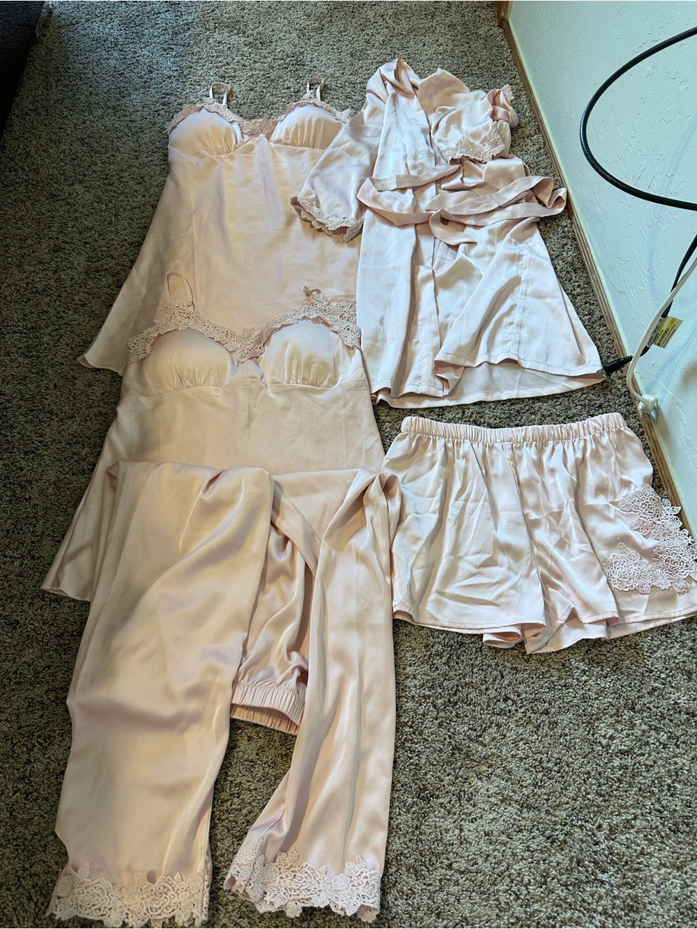 Silky Lace-Trim 5-Piece Sleepwear Set in Blush Pink pajamas